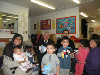 David Ward MP with David Hewitt giving toys to children from Mortimer House Children’s Centre